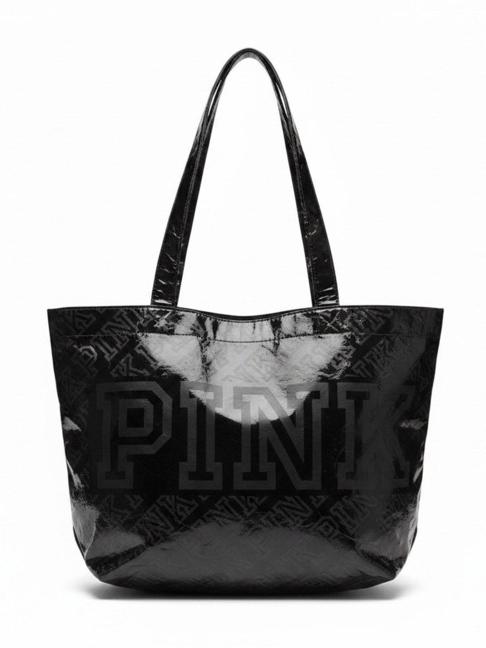 Victoria’s Secret PINK Black Oversized Logo Tote Bag Shiny Carryall Shopper Tote